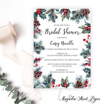 Winter Pine and Holly Christmas Bridal Shower Invitation