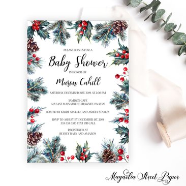 Rustic Pine and Holly Winter Baby Shower Invitation