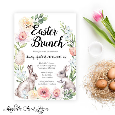 Floral Easter Brunch Invitation, Spring Flowers and Bunny Easter Invite
