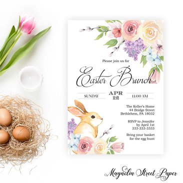 Floral Easter Brunch Invitation, Spring Flowers and Bunny