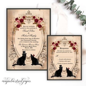 Black Cat Wedding Invitation, Vintage Halloween Cat Couple Wedding Suite