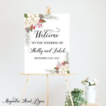 Pine, Red Berries and White Floral Elegant Winter Wedding Welcome Sign