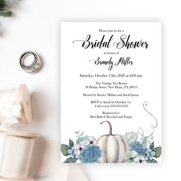White Pumpkin Bridal Shower Invitation, Autumn Dusty Blue Floral
