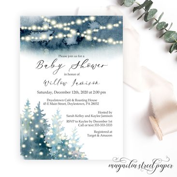 Winter Wonderland Baby Shower Invitation, Christmas Pine Trees and String Lights