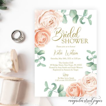 Blush and Beige Floral Bridal Shower Invitation, Watercolor Rose and Eucalyptus