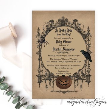 Halloween Gothic Baby Shower Invitation, Spooky Haunted Gender Neutral Invite