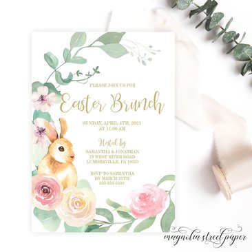 Easter Brunch Invitation, Bunny and Spring Flowers