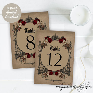 Halloween Goth Table Numbers, Printable Vintage Style Tables 1 - 30