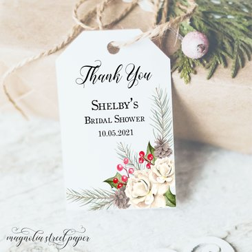 Winter Bridal Shower Favor Tag, Pine Holly White Floral Christmas Thank You Tag