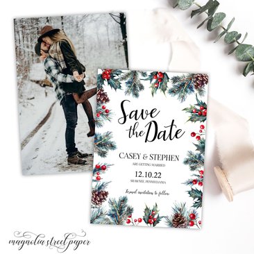 Winter Save the Date, Christmas Pine, Holly and Berries Wedding Announcement