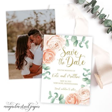 Blush Save the Date With Photo, Peach Beige Floral