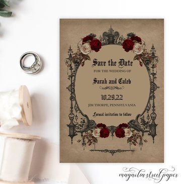 Vintage Goth Save the Date, Halloween Haunted Gothic Themed Wedding