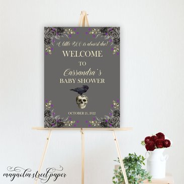 Halloween Gothic Baby Shower Welcome Sign, Skull and Raven