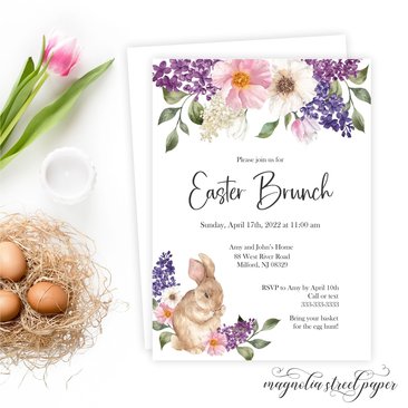 Easter Brunch Invitation, Bunny and Flowers Easter Dinner Invite