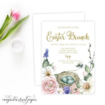 Easter Brunch Invitation, Watercolor Spring Flowers