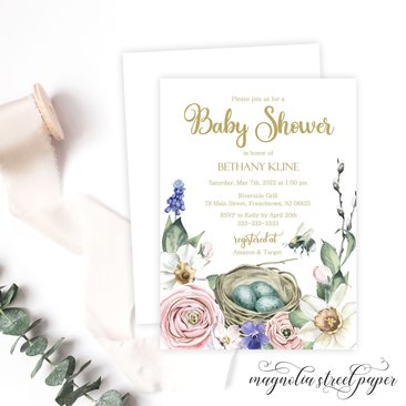 Spring Baby Shower Invitation, Daffodils, Pansy, Rose, and Nest With Eggs