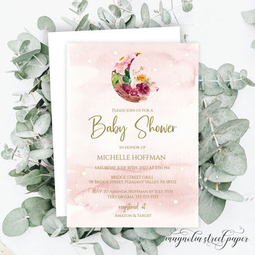 Celestial Baby Shower Invitation, Pink and Gold Moon and Stars