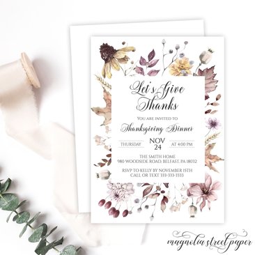 Thanksgiving Dinner Invitation, Fall Wildflowers, Let's Give Thanks