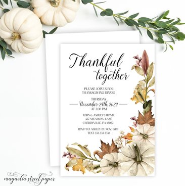 Thanksgiving Dinner Invitation, White Pumpkins and Fall Leaves