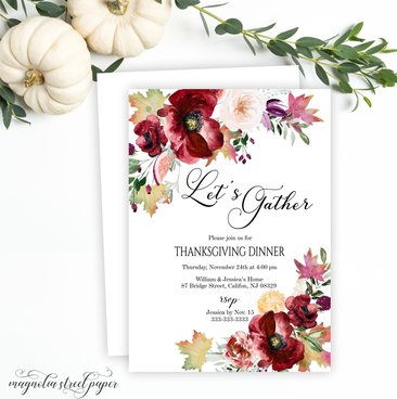 Thanksgiving Dinner Invitation, Burgundy Floral and Fall Leaves