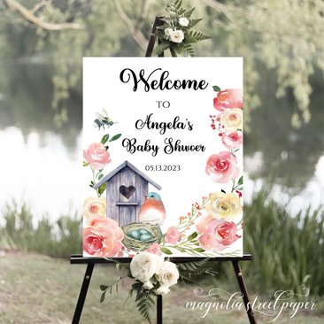 Pink Floral Baby Shower Welcome Sign, Bluebird Baby Girl Sign