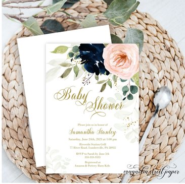Navy and Blush Floral Baby Shower Invitation, Dreamy Watercolor Gender Neutral Invite