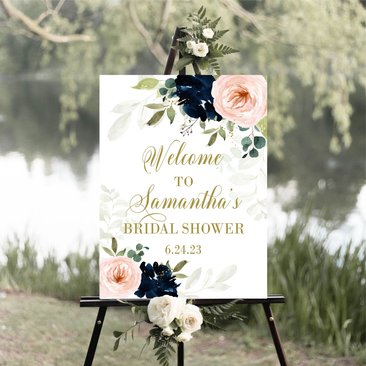 Navy and Blush Watercolor Floral Bridal Shower Welcome Sign