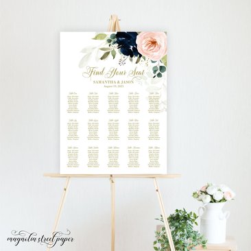 Navy and Blush Floral Wedding Seating Chart, Printable Table Seating Plan