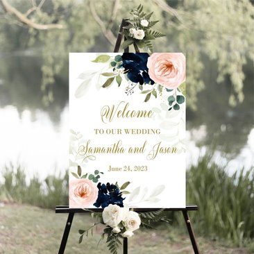 Navy and Blush Floral Wedding Welcome Sign, Watercolor Pink and Blue 