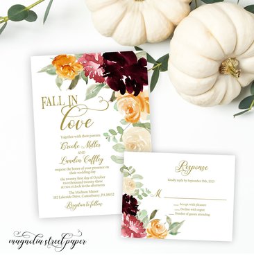 Fall in Love Floral Wedding Invitation, Watercolor Burgundy, Pink, Orange