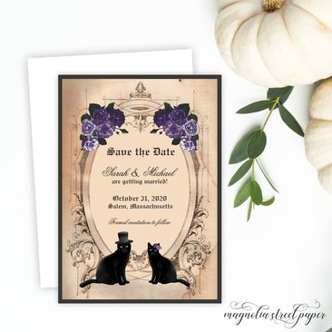 Halloween Cat Save the Date, Vintage Black Cat Wedding Announcement