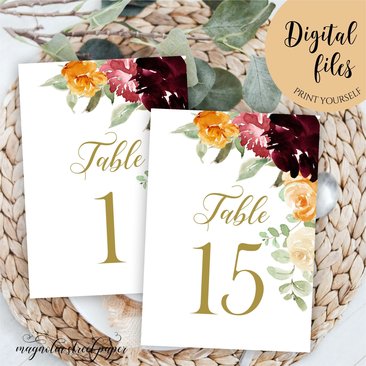 Fall Floral Table Numbers, Printable Tables 1 - 15