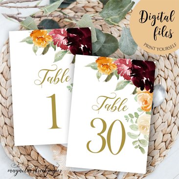 Fall Floral Table Numbers, Printable Tables 1 - 30