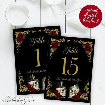 Halloween Gothic Table Numbers, Printable Tables 1 - 15, Skull Couple