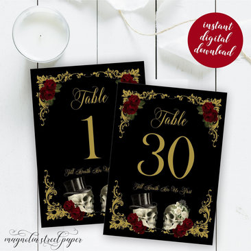 Halloween Gothic Table Numbers, Printable Tables 1 - 30, Skull Couple