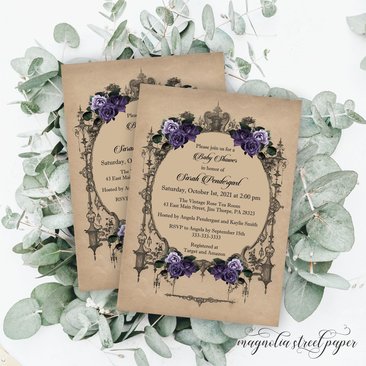 Vintage Goth Baby Shower Invitation, Purple Floral