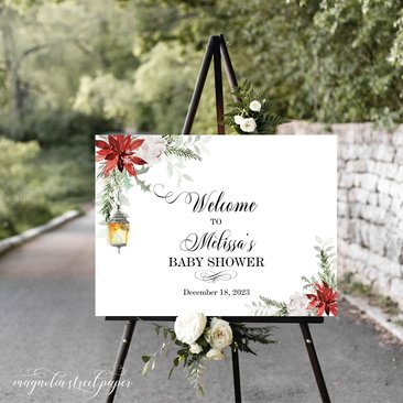 Winter Baby Shower Welcome Sign, Poinsettia and Snowy Lantern