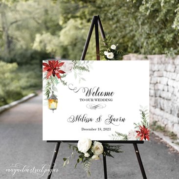 Winter Wedding Welcome Sign, Poinsettia and Snowy Lantern