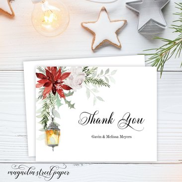 Winter Wedding Thank You Card, Poinsettia, Pine and Holly Note Card