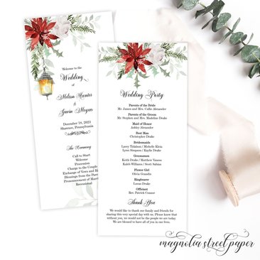 Winter Wedding Program, Christmas Poinsettia, Rose and Pine, Tea Length (We will reach out to you for your custom text.)