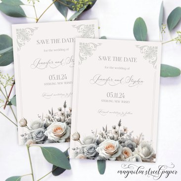 Elegant Vintage Save the Date, Gray, White and Blush Roses