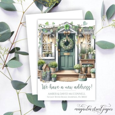 St. Patrick's Day New Address Change Card, Hearts and Shamrocks Cute Front Door