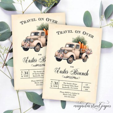 Easter Brunch Invitation, Vintage Truck with Carrots and Peach Flowers