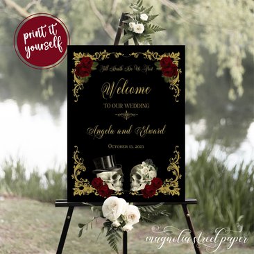Halloween Gothic Wedding Welcome Sign, Vintage Skull Couple, Burgundy Flowers