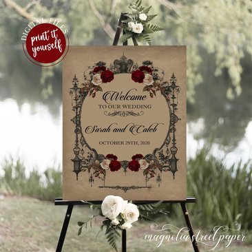 Elegant Vintage Goth Wedding Welcome Sign, Halloween Wedding
