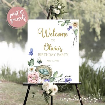 Spring Birthday Welcome Sign, Spring Flowers, Nest and Bumble Bee