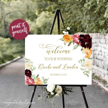 Fall Wedding Welcome Sign, Watercolor Orange, Burgundy and Pink Floral