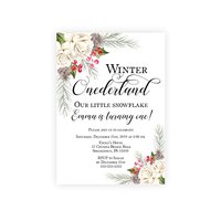 Winter Onderland Birthday Invitation, Our Little Snowflake Birthday Party Invite, Pine and Holly Baby's First, Printable or Printed