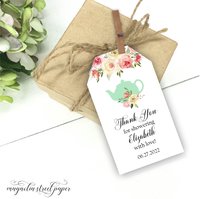Bridal Tea Favor Tags, Blush Floral and Mint Teapot Thank You Tags