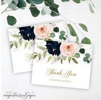 Navy and Blush Floral Thank You Cards, Dreamy Watercolor Note Cards